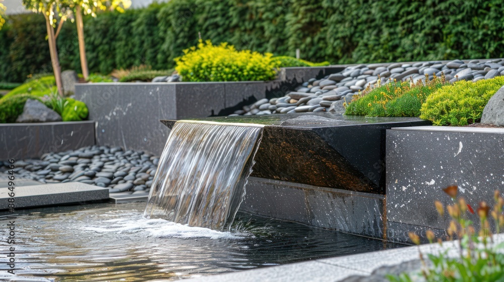 Poster a detailed shot of a geometric water feature with a mountain waterfall, set in a contemporary garden