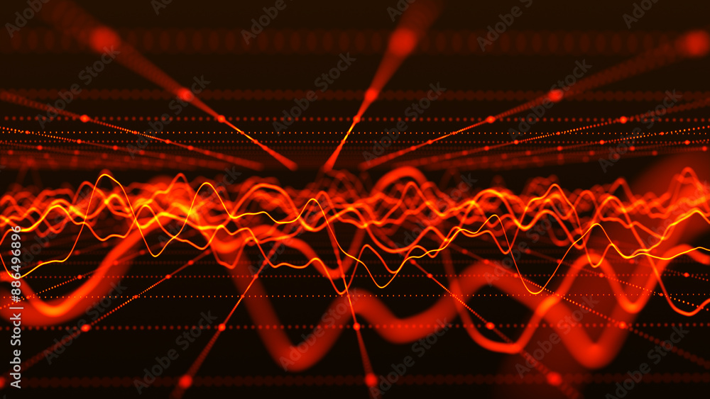 Poster wave of particles. futuristic pattern of dots and lines on a dark background. visualization of sound