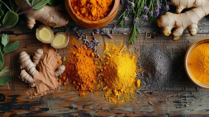 various botanical ingredients such as lavender, turmeric, and ginger showcased on a wooden table, promoting a healthy lifestyle
