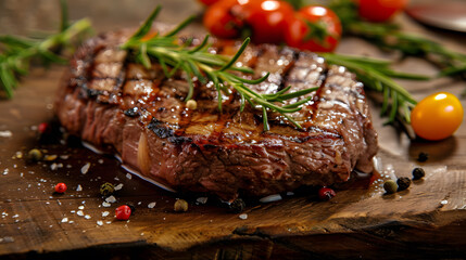 Fresh juicy delicious beef steak on a dark background. AI Generated