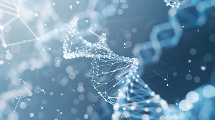 A high-tech 3D DNA strand with connected molecules, set against a background of abstract medical graphics and scientific data overlays full body on white background