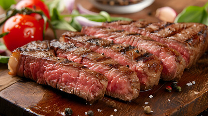 Fresh juicy delicious beef steak on a dark background. AI Generated