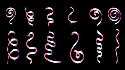 Colorful pink serpentine and confetti Winter season borders. Hanging colorful streamers and falling confetti .Shiny ribbons set for holiday design. 