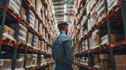 Fototapeta premium Young worker standing in large warehouse aisle, surveying rows of product storage shelves, industrial logistics and inventory management concept.