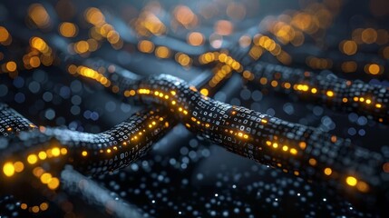 Abstract representation of a digital blockchain network with glowing data nodes and connections, symbolizing technology and security.