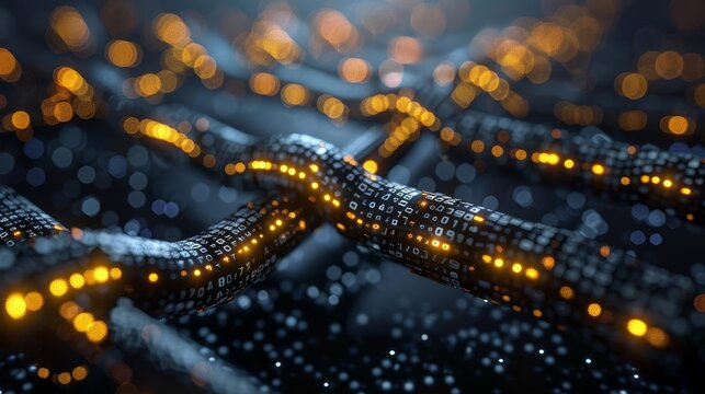 Abstract representation of a digital blockchain network with glowing data nodes and connections, symbolizing technology and security. - Powered by Adobe