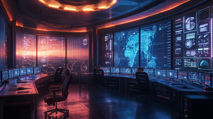 a futuristic network security hub, epitomized by large screens visualizing real-time data and cutting-edge tech, embodies the high-tech ambiance of modern AI management in a grand, epic style.