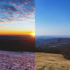 giorno e tramonto contro estate e inverno. composizione fotografia che mostra lo stesso ambiente naturale di alta collina tra la slovenia. e l'italia in momenti diversi e a confronto