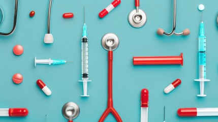 Obraz premium A flat lay displays various tools used in patient care, including stethoscopes and syringes