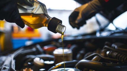 Closeup of hand with a work glove of a mechanic, pouring a bottle of oil in car engine. Engine oil change concept
