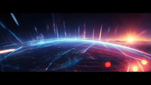Futuristic digital grid with glowing neon lines extends to a vibrant horizon, showcasing a sci fi atmosphere with dynamic motion and high tech visual effects.