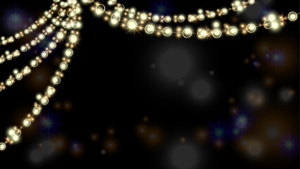 Banner with golden garlands. Decoration in the form of garlands with sequins. Background with pearl beads and gold sequins.Elegant gold holiday decorations for postcard poster design.
