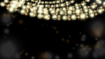 An elegant banner with golden garlands. Decoration in the form of garlands with sequins. Background with pearl beads and gold sequins.Elegant gold holiday decorations for postcard poster design.