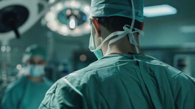 Closeup and back view of a male surgeon wearing surgical mask on in operating room at hospital