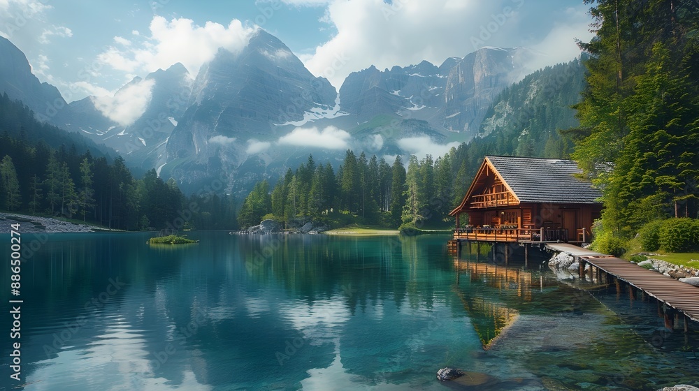 Sticker Tranquil Mountain Retreat by Pristine Lake Surrounded by Lush Forest