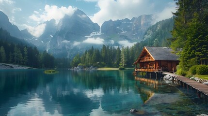Fototapeta premium Tranquil Mountain Retreat by Pristine Lake Surrounded by Lush Forest