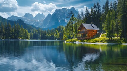 Fototapeta premium Tranquil Mountain Lodge by Pristine Lake in Serene Forest Landscape