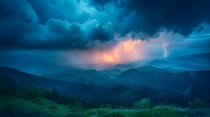 Breathtaking Mountain Landscape During Dramatic Thunderstorm with Sweeping Clouds and Lightning