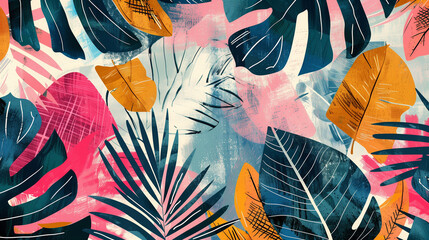An abstract pattern of tropical leaves layered over a textured backdrop, combining vibrant foliage and artistic design elements.