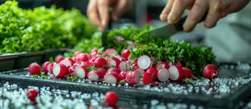 Canvas Prints Fresh Radishes Sliced on a Black Cutting Board