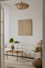 Cosy and stylish interior design of living room with modular white sofa, wooden furnitures,...