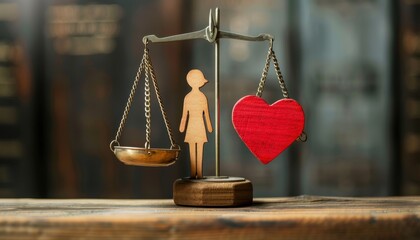 Wooden Scale Weighing Woman Figure and Red Heart on Wooden Table