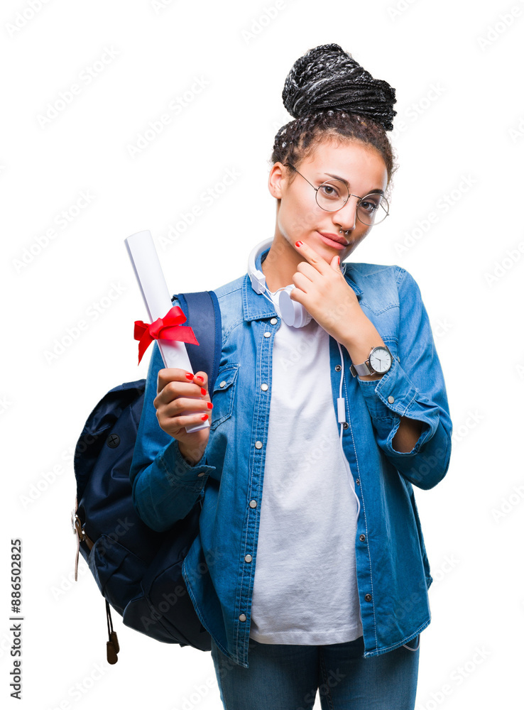 Wall mural Young braided hair african american student girl holding degree over isolated background serious face thinking about question, very confused idea