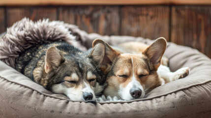 Adorable cat and dog snuggled up in a pet bed, enjoying a nap