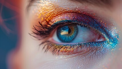 Fototapeta premium Macro Portrait of a Human Eye with Dramatic, Colorful Makeup: Detailed Eyelashes and Vibrant Colors