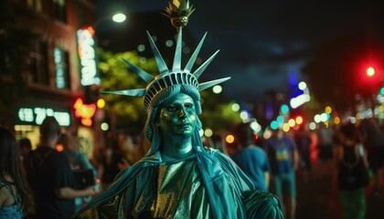 A Statue of Liberty Performer on a Busy City Street at Night