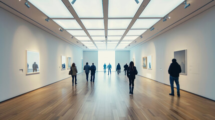 Art gallery exhibition room with minimalist decor and visitors walking through
