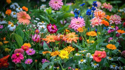 Naklejka premium A colorful garden filled with a variety of popular flowers such as daisies, marigolds, and peonies, creating a picturesque scene.
