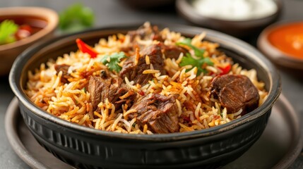 Biryani in midtoss, with fragrant rice, spices, and tender meat bursting apart in a colorful explosion of flavors