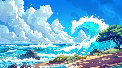 A bright and cheerful cartoon style image of large ocean waves crashing against the coast in Spain. Fun and lively.
