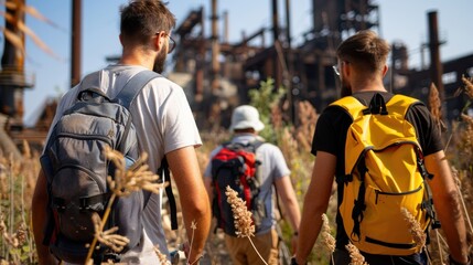 Three hikers with backpacks walking through an overgrown industrial area on a sunny day, exploring the scenery of rusted factories and machinery.