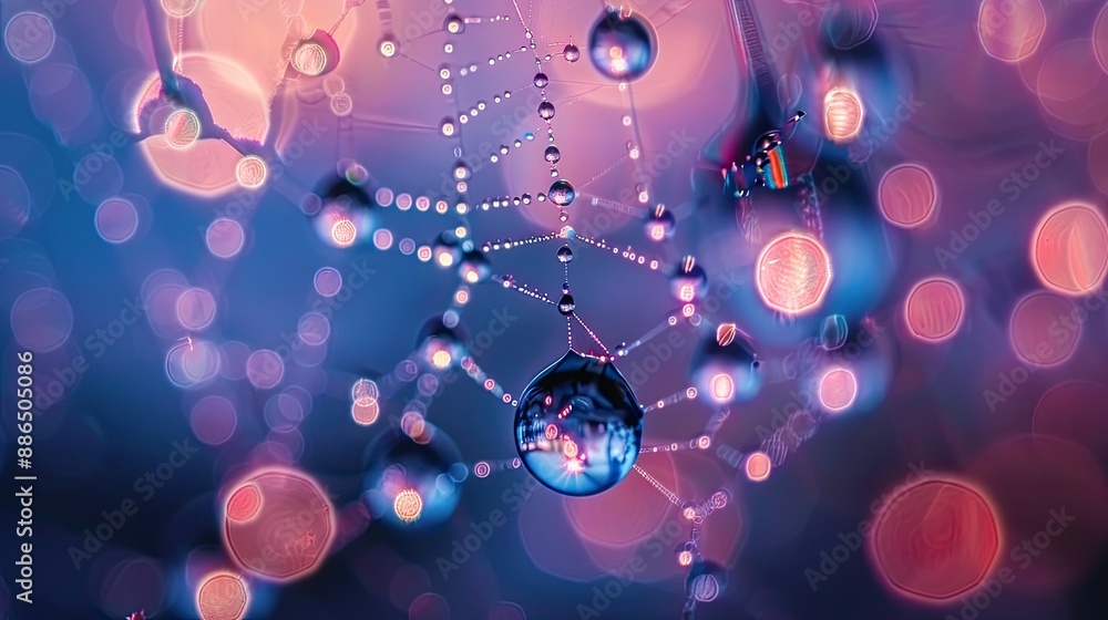 Poster macro shot of water drops on a spider web, with an abstract bokeh background.