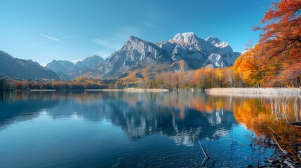 Obraz premium Breathtaking autumn mountain landscape with colorful foliage and calm reflecting lake