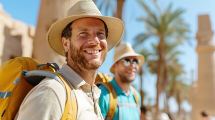 A man smiles while standing in a tropical outdoor setting, wearing a hat and backpack, with palm trees in the background, enjoying a bright sunny day.