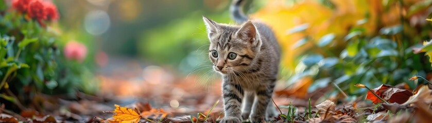 Kitten exploring a garden, illustrating curiosity and adventure