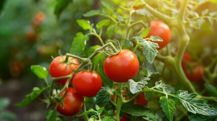 A close-up view of red ripe tomatoes growing on a vine, bathed in warm sunlight