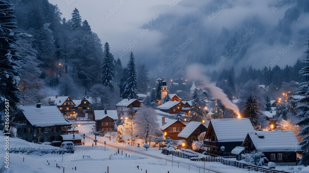 Sticker cozy mountain village blanketed in snowy serenity with twinkling lights and smoke billowing from chi