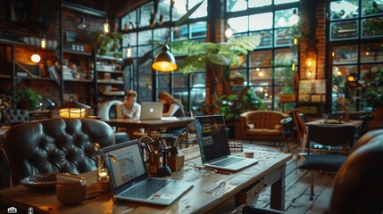 Cozy cafe with people working on laptops, warm lighting, lush plants, rustic furniture, and a charming ambiance.