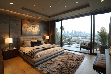 Contemporary Bedroom A sleek bedroom with a platform bed, neutral color palette, and floor-to-ceiling windows. Add a modern art piece above the bed and a minimalist nightstand.