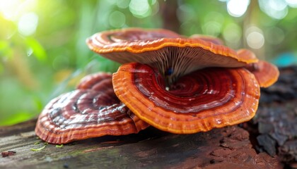 Red Reishi Mushrooms Growing On Log In Forest