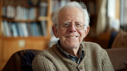 Warm Smiling Elderly Man in Cozy Sweater, Relaxing at Home Library, Western European Senior, Comfortable Atmosphere, Thoughtful Read