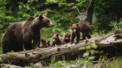Fototapeta premium Brown bear (Ursus arctos) playing with its cubs near a fallen log in the forest