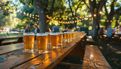 many glasses of beer on wooden table at a beer festival, pub with light garland on the background no people