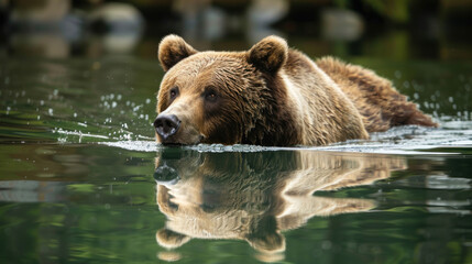Obraz premium Brown bear (Ursus arctos) swimming in a clear lake, with reflection on the water