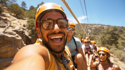 A group of friends embark on a thrilling zip-lining adventure together, smiling and wearing orange helmets and safety gear, surrounded by rocky landscapes and nature.