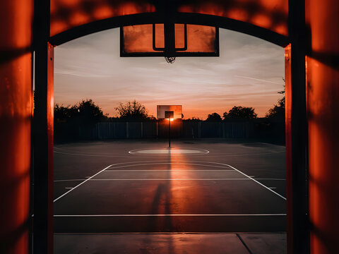Cancha de basquetbol de barrio durante el atardecer